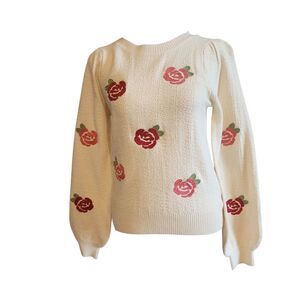 Sadie & Sage Cream Sweater with Embroidered Red Floral Details, Sz. XS